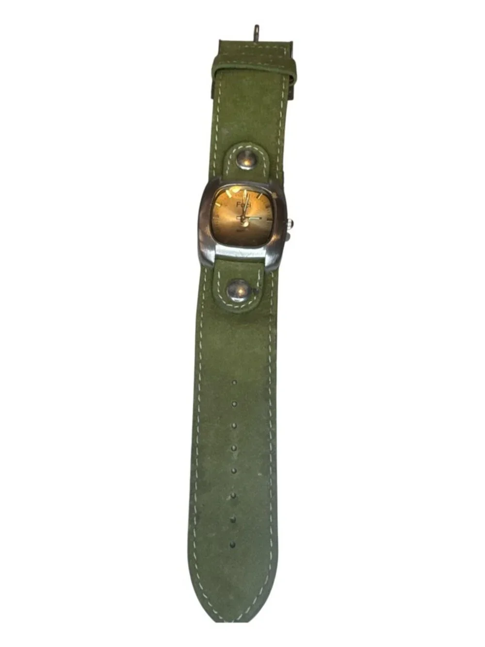 Foci Quartz Watch With Green Suede Band & Gold Dial Vintage Look
